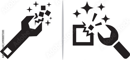 A dual-pane graphic showing a wrench breaking pixels on the left, and a wrench repairing a square with a sparkling "fix" effect on the right.