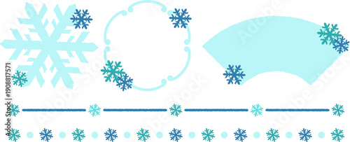 雪の結晶のフレームとラインの装飾セット（冬・和風デザイン）　Snowflake Frame and Decorative Line Set / Winter Japanese Design

