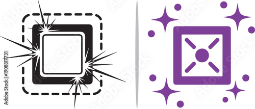 A dual-pane vector graphic showing a black square with impact sparks and a purple square emitting magical sparkles and geometric symbols.