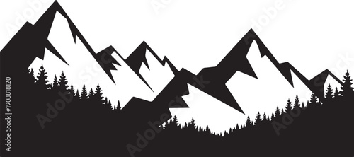 Sharp jagged mountain peaks and evergreen forest silhouette against transparent background, wild outdoor nature landscape vector