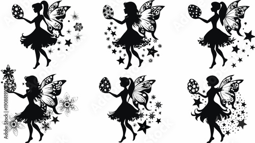 Set of fairies in various poses with stars and flowers