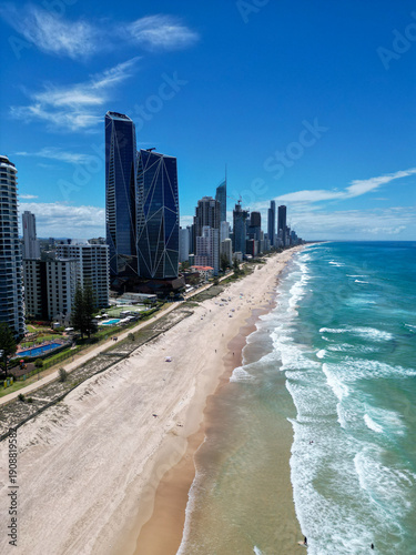 A drone photo of the Gold Coast, Surfers Paradise beach in the sunshine