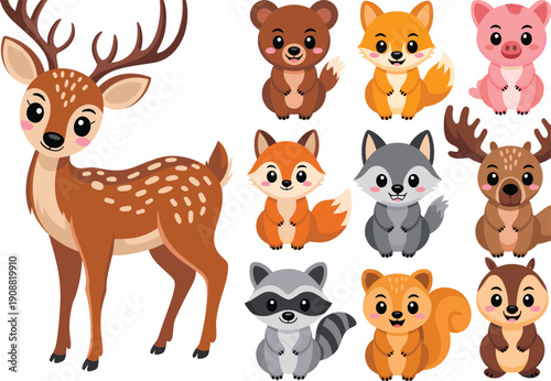 Cute woodland animals cartoon set featuring deer, fox, raccoon, wolf, bear, squirrel, moose, pig and chipmunk in adorable vector style