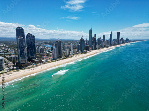 A drone photo of the Gold Coast, Surfers Paradise beach in the sunshine