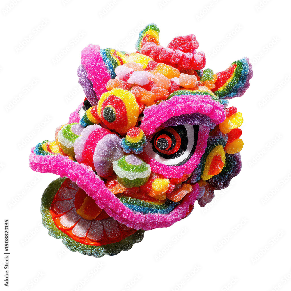 Obraz premium isolated white bakcground of a vibrant and highly detailed lion dance head crafted from a colorful assortment of gummy candies, representing joyful festivities.