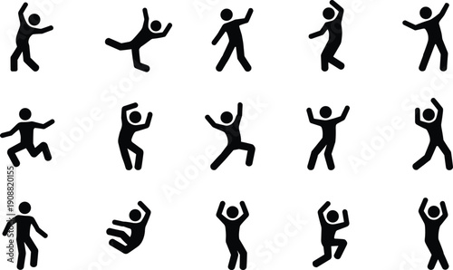 Dynamic stick figure movement icon set showing various jumping, dancing, falling, action poses, active human symbols and energetic motion silhouettes