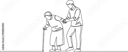 Elderly assistance concept with young man helping senior woman walk, caregiving support, disability aid, compassion illustration, continuous line drawing style