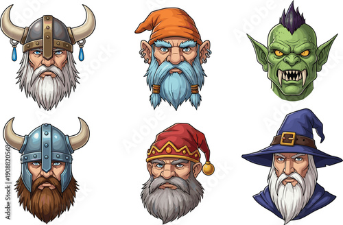 Fantasy character head set, Viking dwarf wizard orc illustrations, detailed cartoon avatar collection for games, medieval mythical hero icons