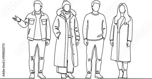 Fashionable people standing together in winter outfits, modern streetwear group illustration, diverse casual clothing style, line art character drawing, vector design