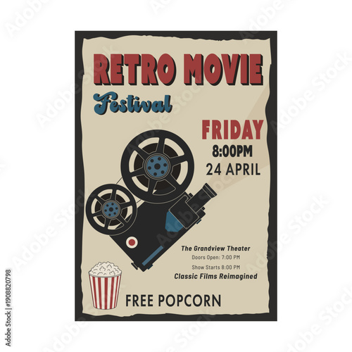 Retro movie festival poster with vintage film projector and popcorn bucket