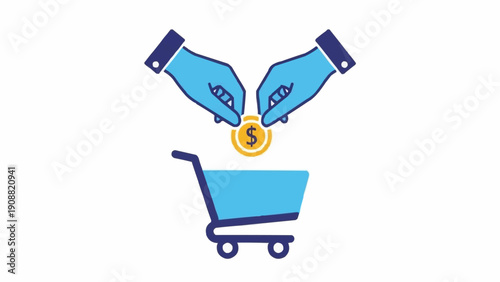 Hands putting coin in shopping cart.