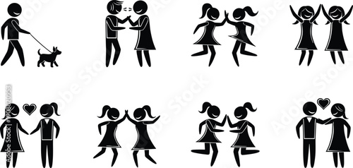 Friendship activity icons, children playing, walking dog, couple love symbols, happy friends dancing, teamwork gestures, cute relationship silhouettes, fun social moments