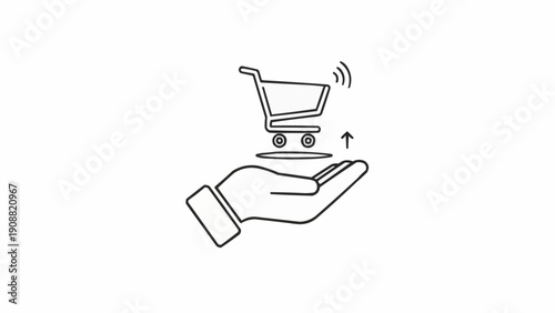 Hand holding shopping cart icon up.