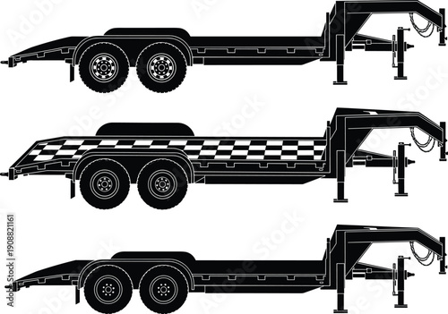 Gooseneck flatbed trailer illustration, heavy duty equipment hauler, industrial transport vehicle silhouette design for cargo loading, towing and construction use