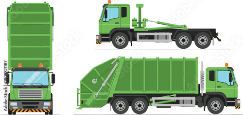 Green garbage truck illustration showing front, side and loading views for waste management, recycling, sanitation service, transportation and environmental concepts