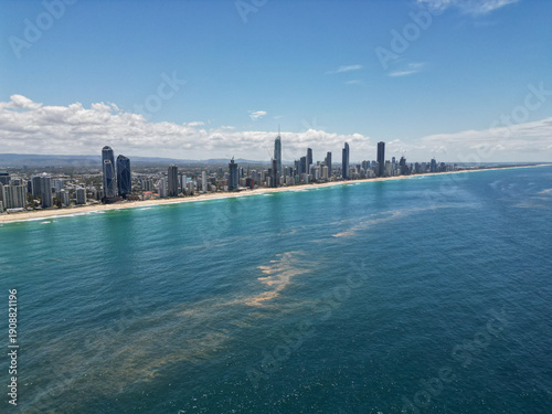 A drone photo of the Gold Coast, Surfers Paradise beach in the sunshine