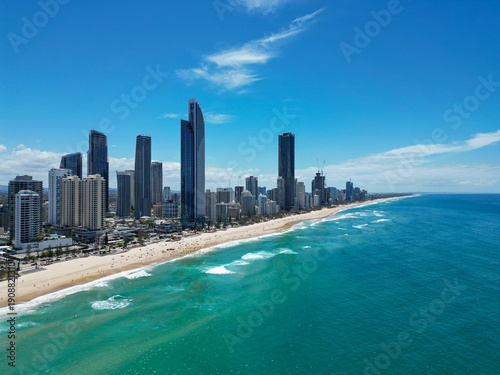 A drone photo of the Gold Coast, Surfers Paradise beach in the sunshine