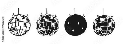 Disco ball illustration simple hand drawn doodle linear, silhouette, sketch style set. Shining mirror sphere with sparkle stars, retro nightclub mood, playful cartoon line art minimal graphic look