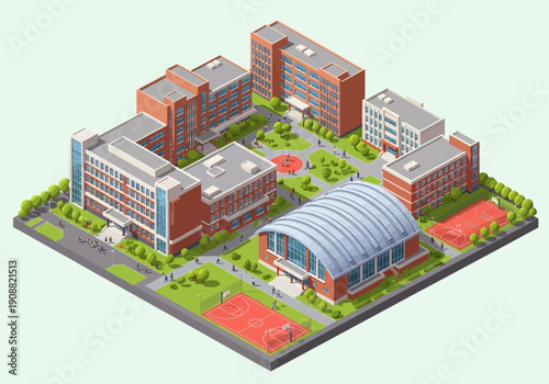Isometric School Campus with Basketball Court and Modern Buildings Illustration