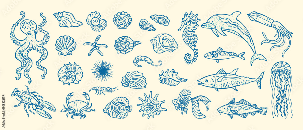 Obraz premium Hand drawn vector illustration set underwater marine life ink grunge sketch. Octopus seahorse nautilus shell fish crab, lobster starfish seashells grungy doodles. Modern sketch line coastal ocean mood