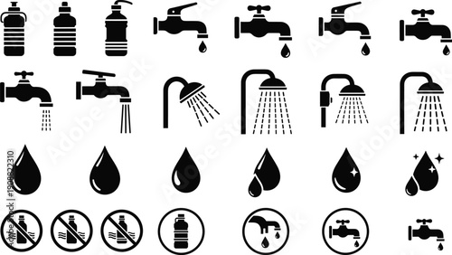Black water icon set featuring faucets, shower heads, water drops, bottles, plumbing symbols, conservation signs, and liquid droplets for sanitary design