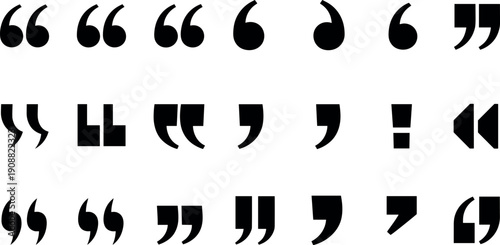 Collection of stylized quotation mark icons in bold black shapes, speech symbols, punctuation, and modern typographic elements