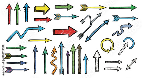 A diverse collection of hand-drawn arrows in various styles, colors, and directions, illustrating different pointers and navigational symbols.