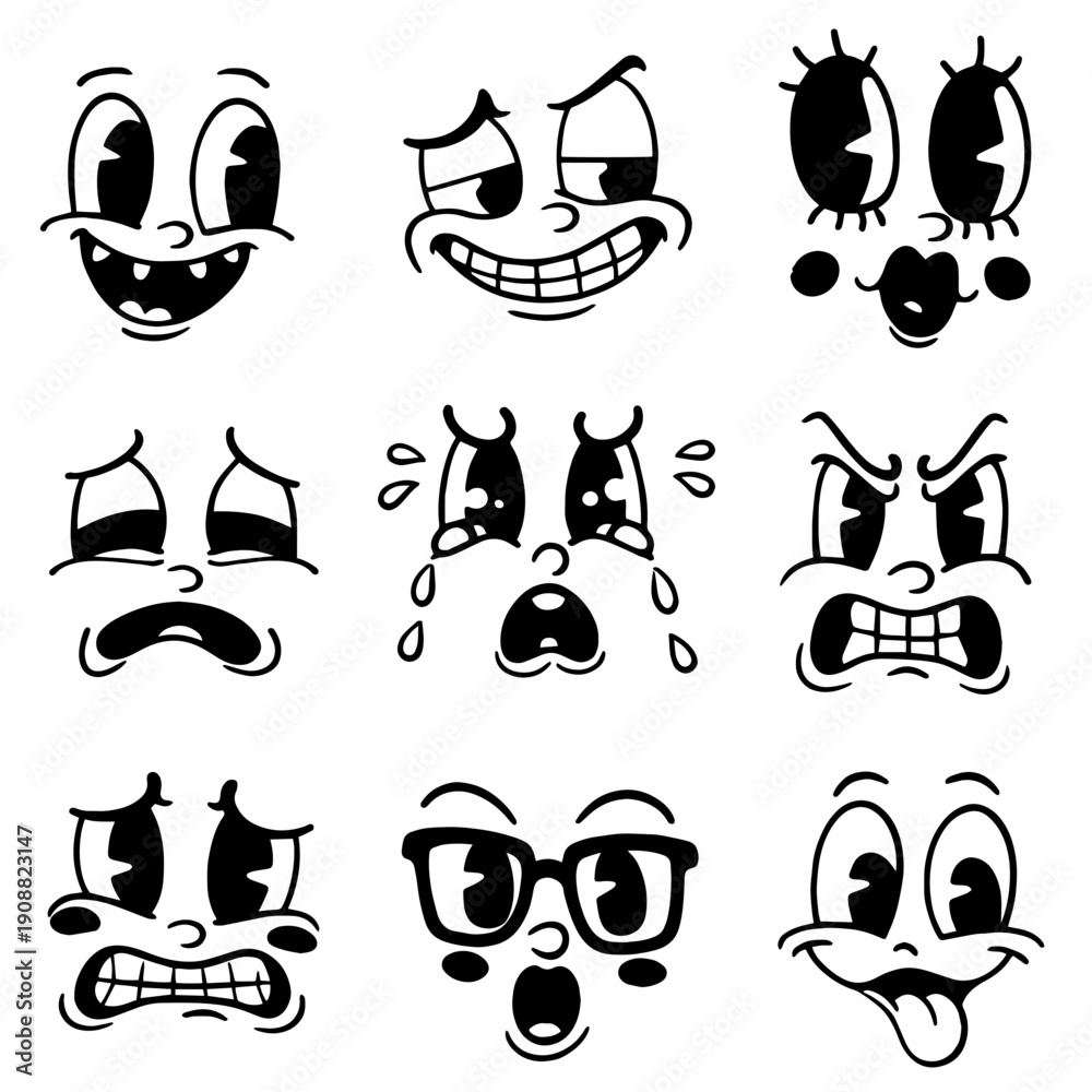 Fototapeta premium Cartoon Face Expressions Set Black White Retro Comic Style Cute Character Emotions Collection for Stickers T Shirts Design