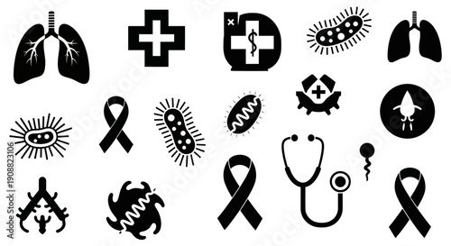 Collection of medical and scientific icons including lungs, bacteria, crosses, ribbons, and a stethoscope.