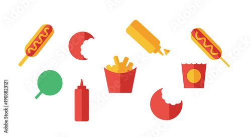 A vibrant collection of fast food icons, including corn dogs, french fries, ketchup, mustard, and bite marks.