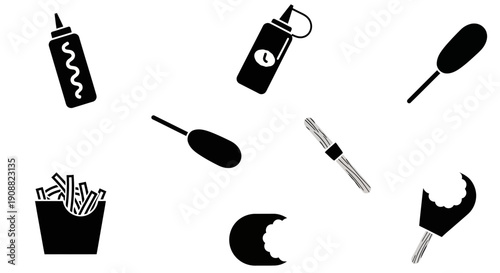 A collection of black and white icons representing fast food items and condiments, including french fries, corn dogs, ketchup, mustard, and a bitten cookie.