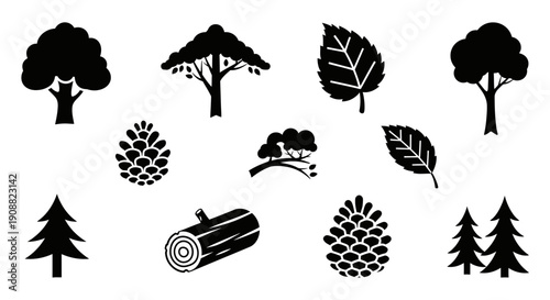A collection of black and white silhouette icons representing various elements of nature, including trees, pinecones, leaves, and a log.