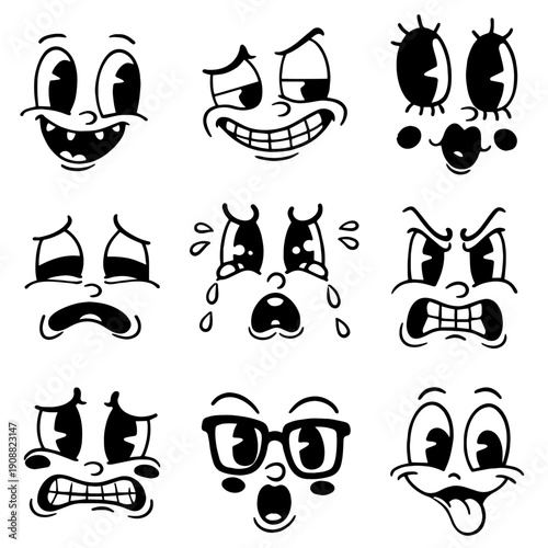 Cartoon Face Expressions Set Black White Retro Comic Style Cute Character Emotions Collection for Stickers T Shirts Design