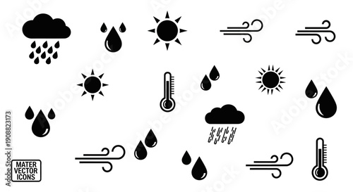 A collection of weather-related icons including rain, sun, wind, and thermometers, presented on a white background.