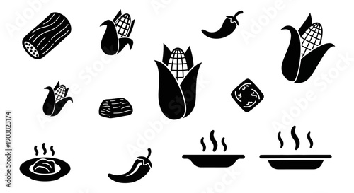 A collection of black and white icons representing food items like corn on the cob, chili peppers, and prepared dishes, along with wood logs.