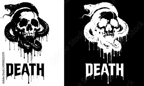 Death Skull Snake Logo Black White Gothic Horror Illustration Dark Mascot Design for T Shirts Stickers Streetwear Branding