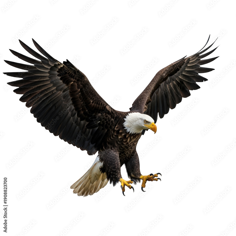 Obraz premium Majestic bald eagle in flight with outstretched wings isolated on transparent background