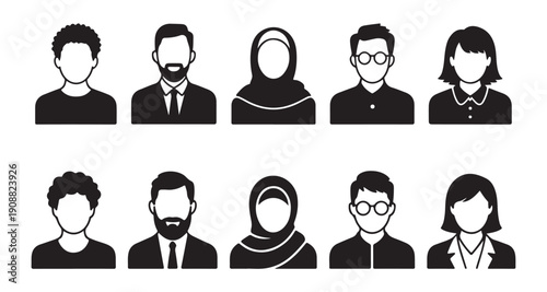 Diverse multicultural avatar set with various ethnicities including hijab and bearded characters