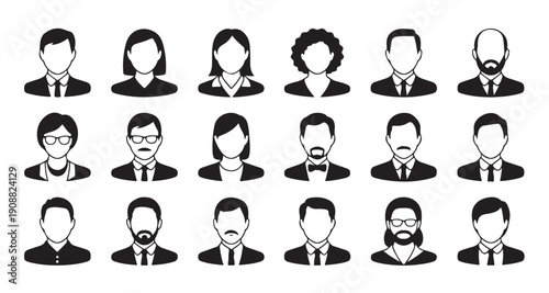 Varied professional avatars, business people icons, male and female portraits, vector graphics
