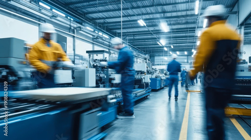 Workers with printing machine in food packaging printing factory