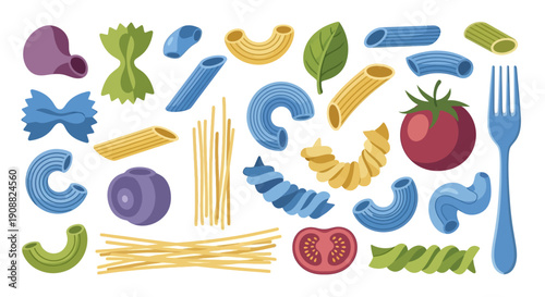 Colorful Pasta Utensils and Ingredients Display.