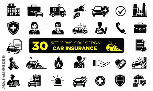 Set of 30 car insurance icons isolated on white background
