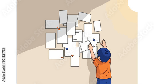 Young boy pinning notes on wall.