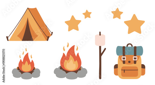 Camping scene with tent, campfire, marshmallow, backpack, and stars under the night sky