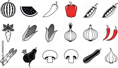 Hand-drawn black line fruit and vegetable icon set featuring watermelon, pepper, chili, corn, onion, mushroom, asparagus, eggplant and peas