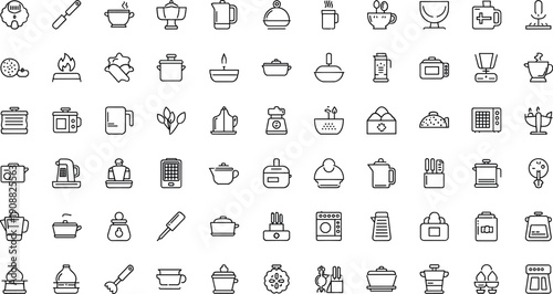 Extensive minimal line kitchen and cooking icon collection featuring cookware appliances utensils food preparation and drink equipment