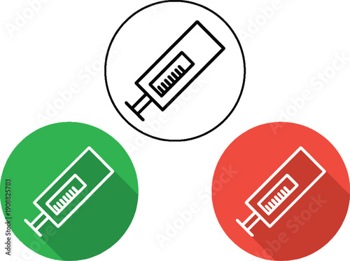 Medical Syringe Icon in Circular Badges White, Green, and Red Variants for Health Care.