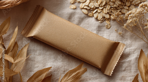 Natural brown paper snack bar mockup close up oat flakes dried flowers rustic fabric background cozy natural snack