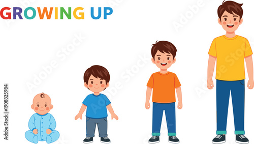 Vector illustration showing the stages of a boy growing up from a sitting baby to a toddler, child, and teenager.