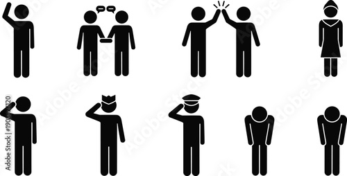 Vector Stick Figure People Greeting and Respect Set Featuring Handshake, High Five, Saluting, Bowing, and Waving Icons for Professional Communication Design
